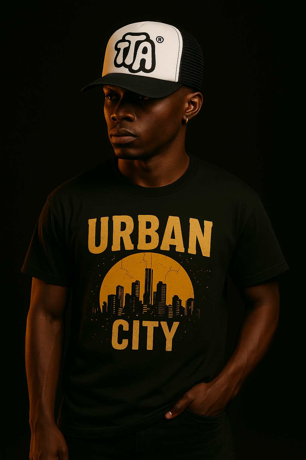 Model wearing custom-printed premium apparel by The Talking Arts
